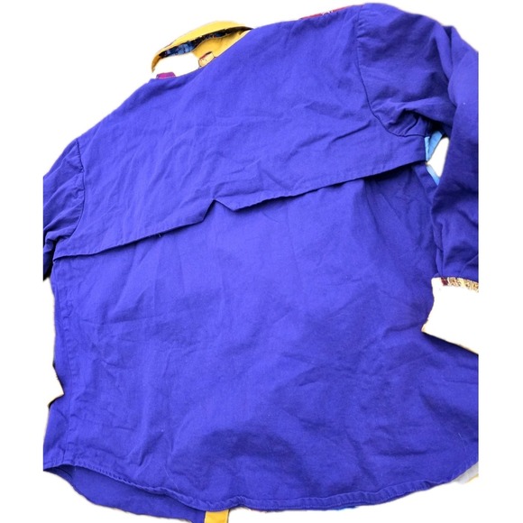 Vintage 80s Southwestern Western Art Shirt Purple Yellow Cowboy Print Colorblock - Picture 7 of 9